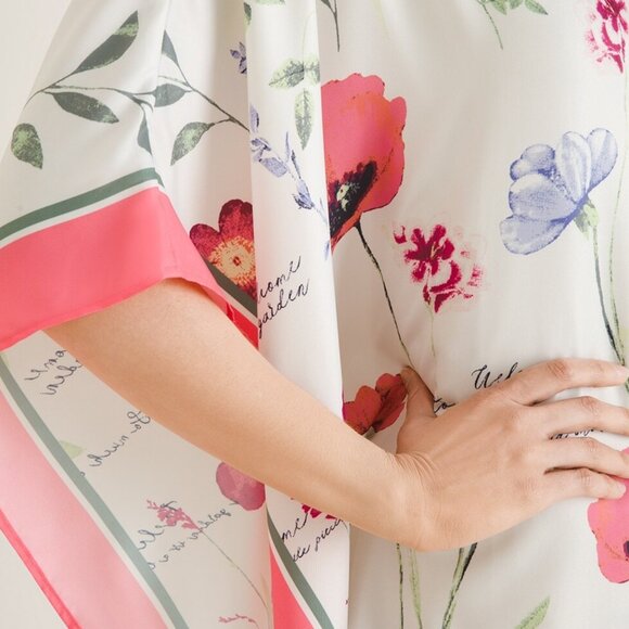 CHICOS WOMENS FLORAL PRINT PONCHO S/M  CORAL GREEN AND WHITE - Picture 3 of 9